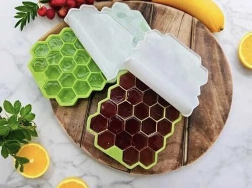 Image of Silicone Ice Cube Trays with Lids Pack of 2 Easy-Release Hexagon Ice Maker for Freezer, Reusable Food-Grade Ice Molds for Cocktail Bar, Whiskey, Iced Coffee & Home Kitchen (Green) (2)