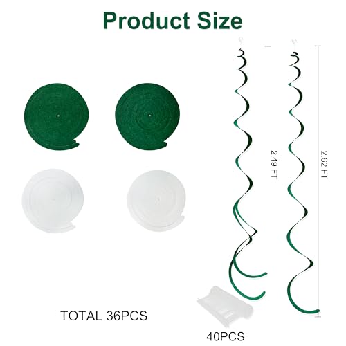 Image of 36 Pcs Green White Hanging Swirl Decorations Felt Swirl Streamer Spiral Ceiling Garland for Birthday Graduation Wedding Retirement Spring Summer Christmas Masters Golf Party Decor Supplies