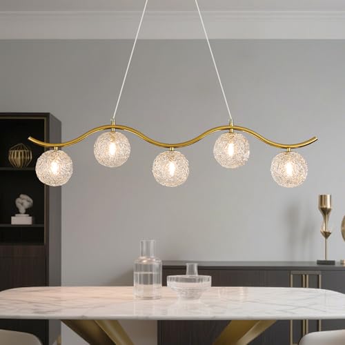 Image of Modern Linear Globe Chandelier Gold 5-Lights Mid Century Linear Chandelier for Dining Room Clear Glass Globe Light Fixture for Kitchen Island Living Room