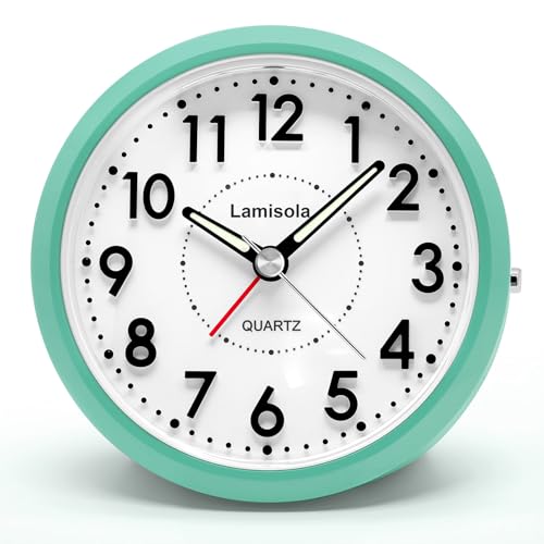 Image of Lamisola 4 Inch Alarm Clock for Bedrooms, Small Analog Desk Clock, Mint | Battery Operated Bedside Clock for Bedroom Bathroom Home Nightstand Shelf, Night Light Snooze, Minimalist Clocks for Seniors
