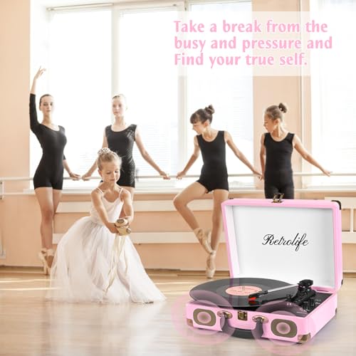 Image of Vinyl Record Player 3-Speed Bluetooth Suitcase Portable Belt-Driven Record Player with Built-in Speakers RCA Line Out AUX in Headphone Jack Vintage Turntable Pink