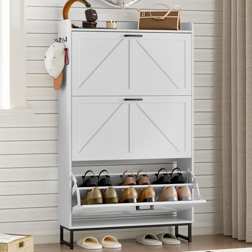BORNOON Shoe Cabinet with 3 Flip Drawers Narrow Shoe Storage Cabinet Organizer Wooden Freestanding Shoe Rack Hidden Slim Shoes Storage Cabinet for Entryway, Hallway, Living Room, Bedroom