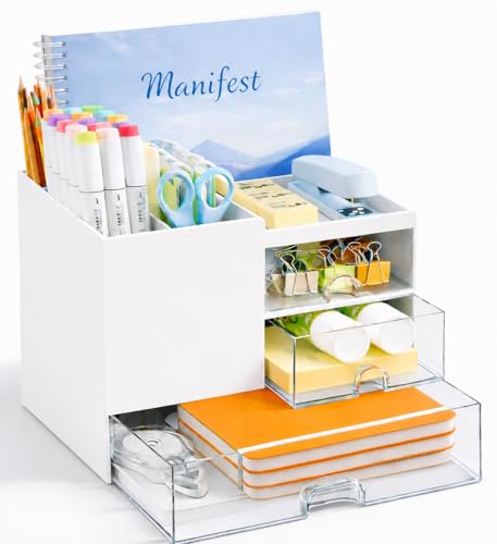 Image of Wishmigo Desk Organizer with 3 Transparent Drawers | Stationery Organizer for Study Table | Multipurpose Storage Organizer for Office Desk, Home, Students, Vanity & Kitchen (Normal White)