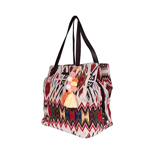 Image of maisha by Esha Stylish Cotton Jacquard Tote Bag for Women - Handcrafted Travel Handbag, Cabin & Overnight Bag | Spacious Multi-Purpose Bag with 3 Compartments