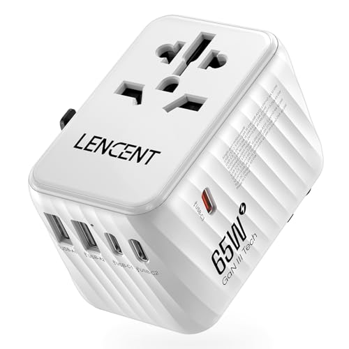 LENCENT Adaptador Enchufe Universal GAN III 65W, Cargador Internacional con 2 USB A y 3 Tipo C PD Carga Rápida, Adaptador de Viaje para Móvil, Tableta, Portátil (EU/USA/UK/AU), Blanco