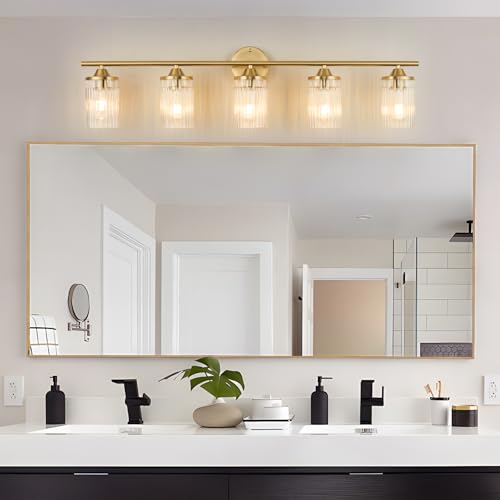 Image of Jonsi Gold Bathroom Light Fixtures 5-Light Vanity Lights Modern Wall Sconce with Clear Glass Shade Brushed Brass Bathroom Light Fixture Over Mirror for Bedroom Hallway Kitchen