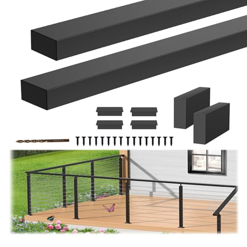 Gyykzz Pasamanos de acero inoxidable de 8 pies, color negro, paquete de 2 pasamanos rectangulares con 8 tapas de extremo de metal y bloques de conexión para interiores y exteriores, sistema de