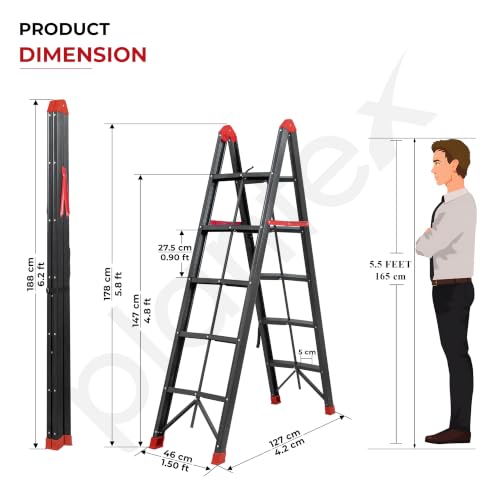 Image of Plantex 5 Step Ladder for Home Use /Heavy-Duty Steel A-Frame Step Ladder /Ultrafold 2 Way Wide Anti-Skid Steps /Space-Saving Fully Foldeble Design (150 kg Capacity, Black & Red)