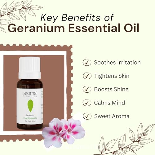 Image of Aroma Treasures Geranium Essential Oil | 100% Pure & Natural Theraputic Essential oil for healthy Skin, body, Aromatherapy - 10ml