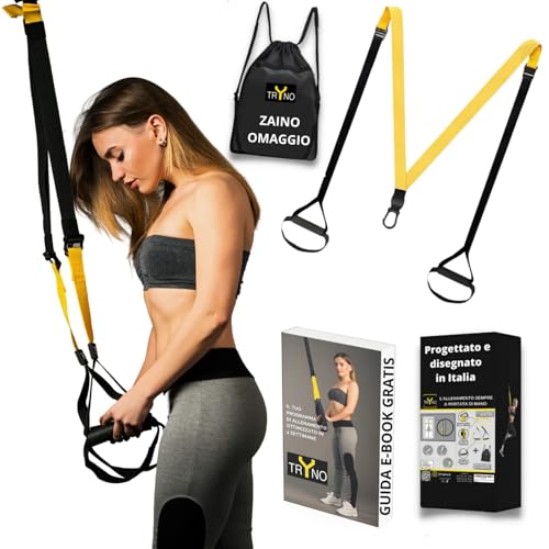 TRYNO TRX ITALIANO, Trx Fitness Da Casa, Suspension Training per Tutto il Corpo, Allenamneto in sospensione, Trx Elastico Fitness, Cinghie Sospensione +Zaino (Allungabile giallo)