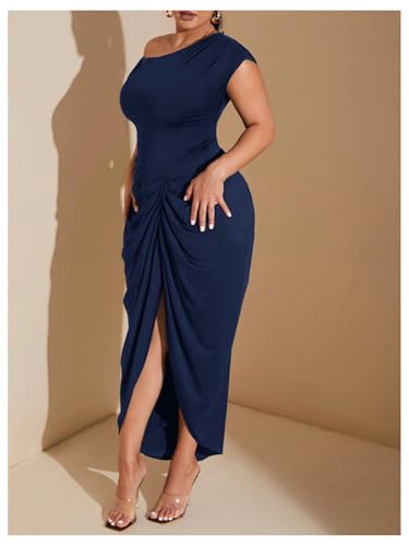 Image of Floerns Women's Plus Size Asymmetrical Neck Long Dress Ruched Slit Hem Cocktail Dress