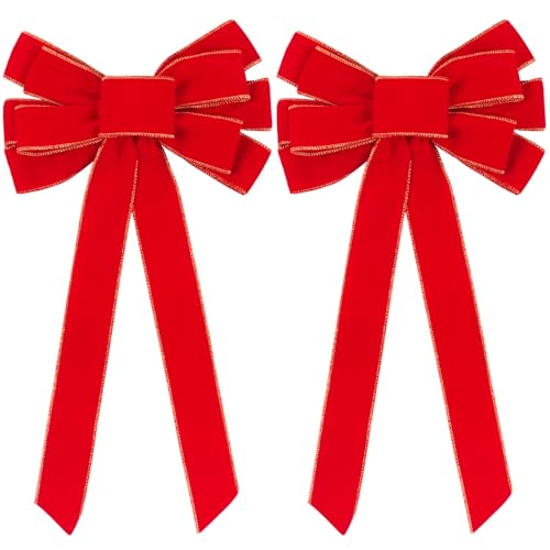 2 Pack Red Christmas Bows, 11”x20” Large Christmas Tree Topper Bow Decorative Velvet Bows for Wreath Garland Tree Decor, Indoor Outdoor Front Door Decorations (2)