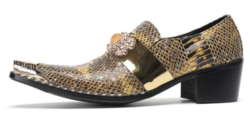 Men's Slip On Gold Dress Shoes Snakeskin Leather Loafers – Metal Pointed Toe, Chunky Heel, Comfortable Fashion Casual Shoes for Party,Ballroom,Bar Wear2
