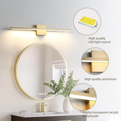 Image of Gold Bathroom Light Fixtures Over Mirror, 32 Inch Brass Bathroom Vanity Light, LED Modern Wall Sconce 3000K Bar Vanity Lights