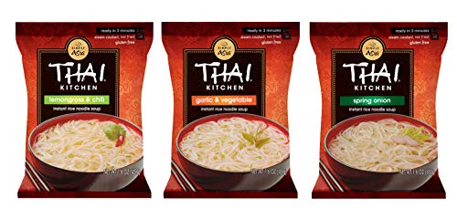 Thai Kitchen Gluten Free Instant Rice Noodle Soup 3 Flavor Variety Bundle, 3 Each Lemongrass & Chili, Spring Onion, Garlic Vegetable, 1.6 Oz, Pack of 9