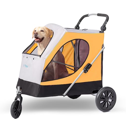 X-Puks Dog Stroller for Large Dogs, 3 Wheel Foldable Pet Stroller for Medium Large Dogs, Heavy Duty Dog Wagons and Cart Up to 100 LBS (Orange)