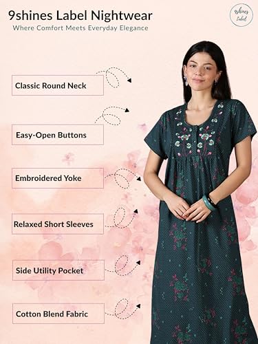 Image of 9shines Label Stylish Cotton Blend Embroidered Maxi Nightdress for Women with Pocket| Full Length Nightwear| Premium Nightdress| Comfortable Nightwear(5256)