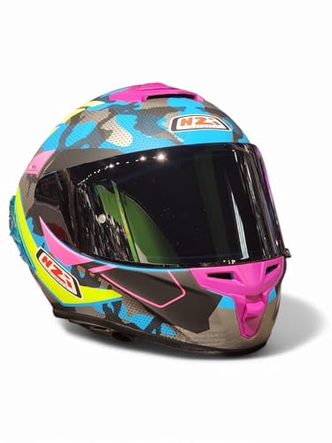 Casco Moto NZI Trendy 3 Stream Camo Azul Rosa amarjllo Fluor - Casco de Moto Integral con Pantalla Oscura + Transparente + Spoiler ECE 22.06 - Unisex Hombre y Mujer (L)