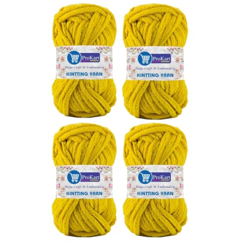 Image of ProKart Premium Blankie Wool, Plush & Cuddly, Chenille Yarn Supersoft Hand Knitting Wool Ball | Blanket Thick /Mottu Yarn Ball Suitable for Hand Knitting and Crocheting for Baby, Adult, Sweaters, caps, Throws, Home Furnishing, Scarves, Blankets (Dark Yellow, 100gms x 4 Pack)