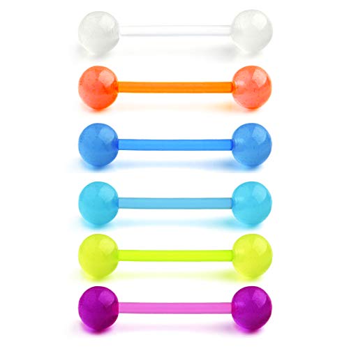Vcmart 6pcs 14 Gauge de Langue en Plastique Anneau de Barre de téton Ensemble Lueur dans l'obscurité Bioflex 12/14/16/18mm Barbell Piercing Bijoux