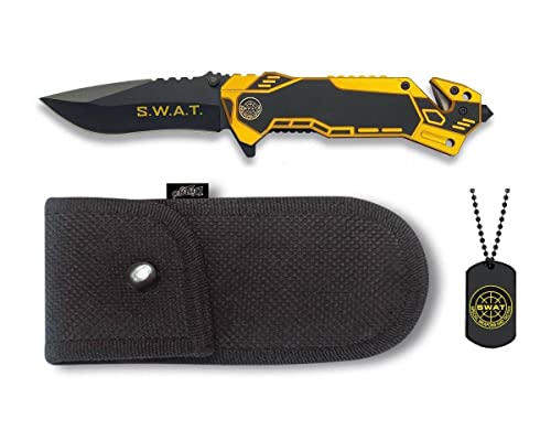 Outletdelocio. Navaja tactica SWAT. Hoja acero inox 8,1cm. Punta rompevidrios y cutter corta cinturones. Funda incluida