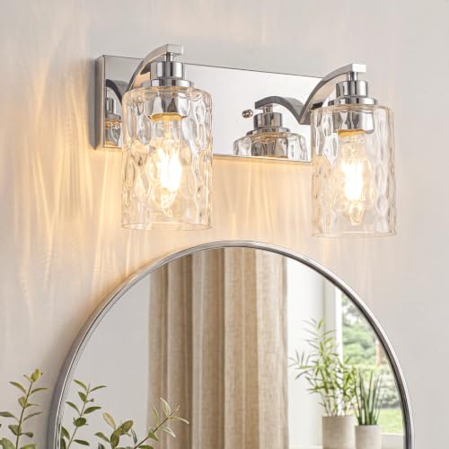 Image of 2-Light Bathroom Light Fixtures Modern Chrome Vanity Lights | Easy to Install Clear Hammered Glass Shades, Rippled Glow, Wall Mount Up or Down, E26 Socket, Hardwired, 120V