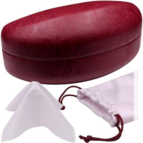 Image of Large Curved Sunglasses Case - Women Hard Shell Glasses Holder - XL Large Eyeglass Case with Pouch &Cloth