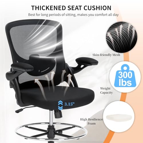 Image of Drafting Chair, Tall Office Chair for Standing Desk, Ergonomic Standing Desk Chair with Flip-up Armrests, Counter Height Office Chair with Footrest and Adjustable Lumbar Support