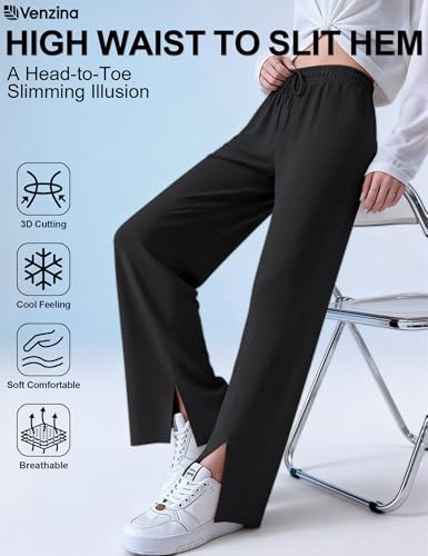 Image of Venzina Track Pants for Women Joggers Pants for Women Cool Touch High Waisted Wide Leg Summer Palazzo Pants with Side Slit Slimming Breathable for Yoga Workout Travel