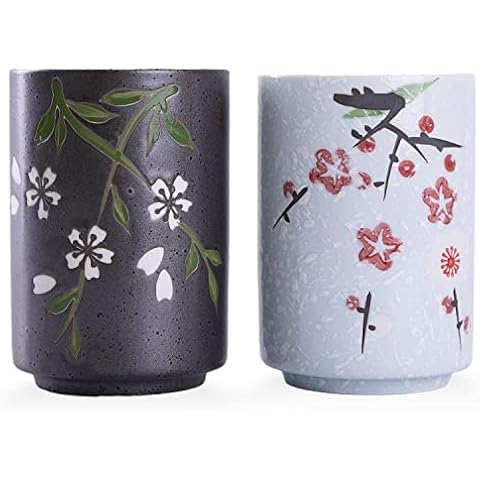 WHJY 10oz Transitional Chinese/Japanese style Handle-less Ceramic Tea cups teacup, Flora Pattern Set of 2 Cover