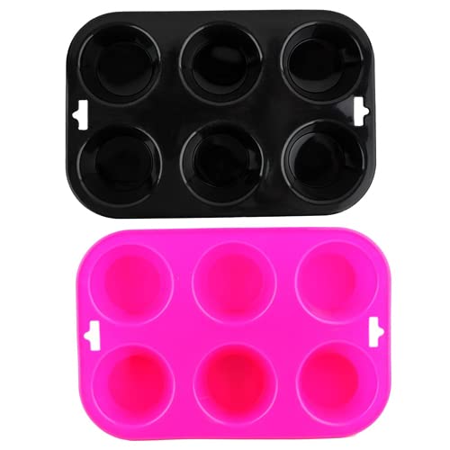 Selecto Bake 6 Cup Silicone Bun/Muffin Mould Cupcake Yorkshire Pudding Non Stick Tray Baking Black, Pink Pack of 2