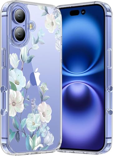 Image of Elzzi Transparent Flower Cover for iPhone 16 Plus Case Shockproof Floral Design Full Camera Protection Shockproof PC+TPU Covers for Girls & Women (Blue)