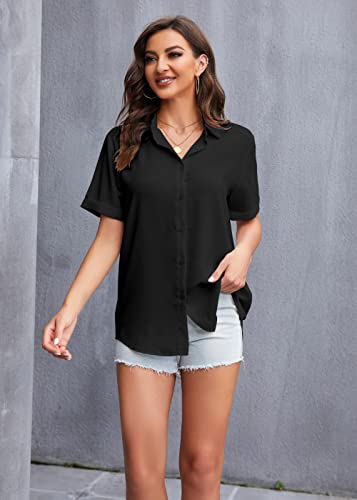 Women's Button Down Shirt Short Sleeve Collared Tops Work Office Chiffon Blouse3