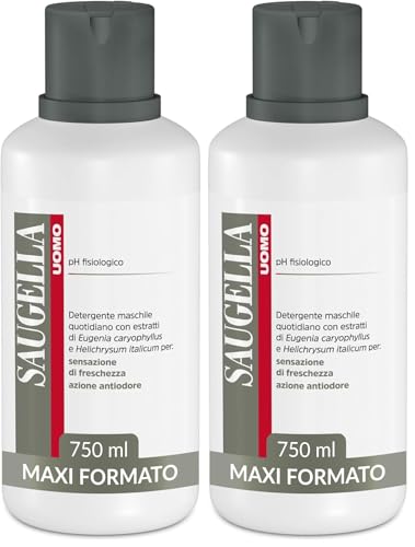Saugella Uomo, Detergente Intimo e Corpo Rivitalizzante, Antiodore, Con Estratti di Elicriso e Chiodi di Garofano per un Uso Quotidiano nel Rispetto del pH Fisiologico, 750 ml (Confezione da 2)