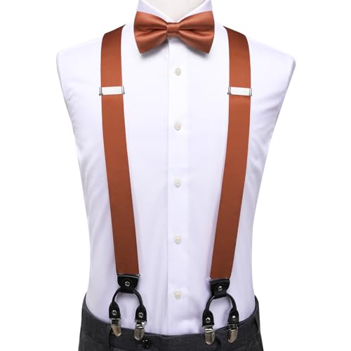 Image of Hi-Tie Men Suspender Bowtie Set Suspenders Pre-tied Bow Tie Pocket Square Cufflinks Adjustable Y Shape 6 Clips Braces Tuxedo
