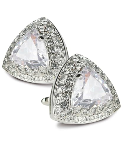 Triangular Crystal Diamond Set Cuff Links for Men – Suit Cufflinks (Clear/Silver, CL-7203)