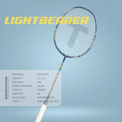 Image of TANSO Lightbearer Full Graphite Ultra Light Weight Carbon Fibre Strung Badminton Racket (32 Lbs Tension, 675 mm Long, 77 Grams, Strung with Premium Strings and Full Racquet Cover)