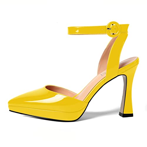 SHOWFOREST Womens Ankle Strap Sexy Pointed Toe Patent Buckle Evening Spool High Heel Pumps Shoes 4 Inch2