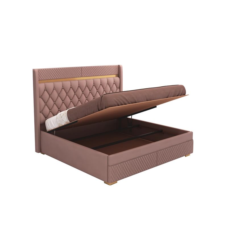 Image of MAMTA DECORATION Solid Wood King Size Bed with Hydraulic Box Storage | Premium Velvet Upholstered Tufted Headboard Double Bed | Wooden Cot Bed for Bedroom, Home, Hotel & Guest Room | Onion Pink Finish