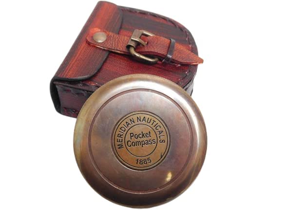 Handmade Brass Antique Compass with Leather Case/Vintage Reproduction/Direction Finder Flat Pocket Compass/Decor Collectible & Gift .A Product by Blue Globe Export
