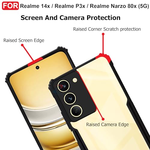 Image of CEDO Backcover for Realme 14x / Realme P3x / Narzo 80x (5G) | Camera Protection Shockproof Bumper-Edge | Acrylic Crystal Clear 360 Degree Protection TPU+PC | Transparent Eagle Back Case Cover (Black)
