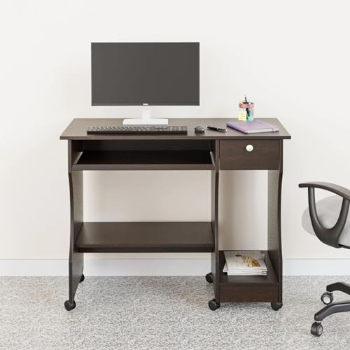 Image of Nilkamal Zenith Engineered Wood Computer Table | Study Desk with Keyboard Tray, 2 Open Shelves, and 1 Drawer (Finish: Teak)