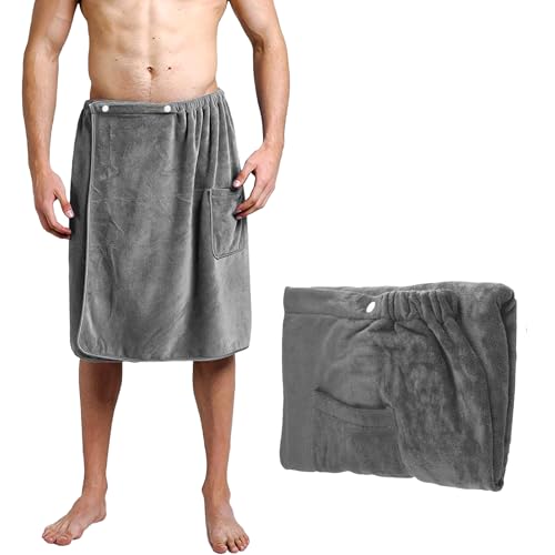 VIBINHO Saunakilt Herren, Verstellbar mit Klettverschluss & Tasche, 140x70 cm, Schnelltrocknendes Saunatuch aus Mikrofaser, Grau für Sauna, Fitnessstudio, Dusche, Strand & Schwimmbad