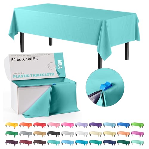 Image of Party Solids 54 Inch X 100 Feet Aqua Plastic Table Cover Roll in A Cut - to - Size Box with Convenient Slide Cutter. Cuts Up to 12 Rectangle 8 Feet Plastic Disposable Tablecloths