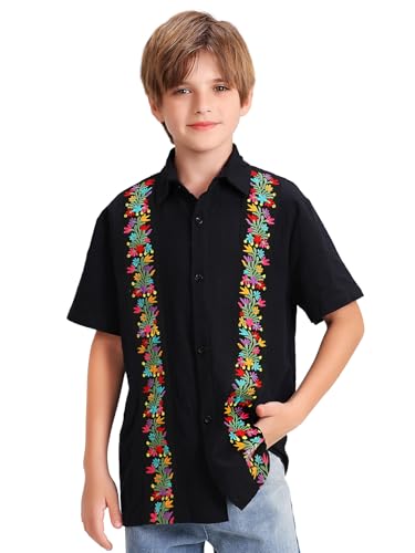 Mexican Guayabera Shirts for Boys Kid Cinco De Mayo Fiesta Traditional Embroidered Collared Short Sleeve