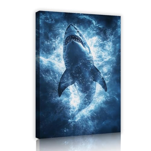 UIRINGART Lienzo gran tamaño Arte pared Animales del océano azul Tiburón feroz Impresión póster para casa playa Pasillo Oficina Decoración pared casa moderna 70x110cm Marco interior