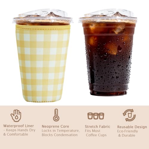 Image of Reusable Insulated Sleeve for Iced Coffee Cup, 3-Pack Coffee Neoprene Drink Sleeve for Cold & Hot Drinks, Beverage Holder for Iced Coffee (Butter Gingham)