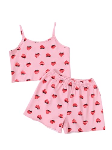 Image of Girls' 2 Piece Outfits Summer Sleeveless Cami Top and Casual Shorts Sets Pink 13-14Y