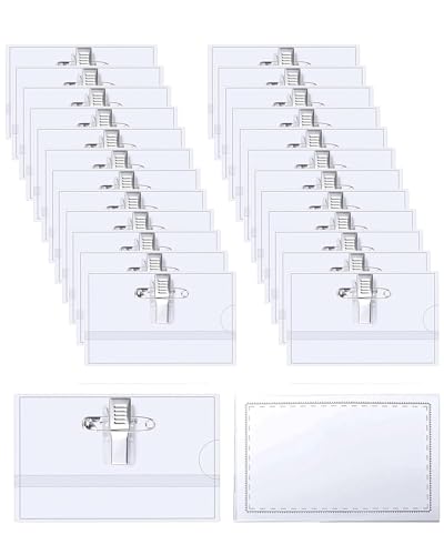 24 Stück Namensschilder für Kleidung 90 X 56mm Transparent Namensschild Ausweishalter PVC Namenschilderhülle mit Clip & Anstecknadel für Schule Unternehmen Konferenzen Reisen (24)