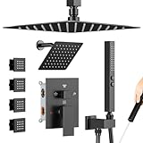 Shower System Matte Black Shower Faucet Set,Bostingner Four Modes Shower Faucet with 2 in 1 Handheld,Ceiling Mount 10 Inch Shower Head with 6 Inch Shower Head, 4Pcs Body Jets With Dual Head Shower Set